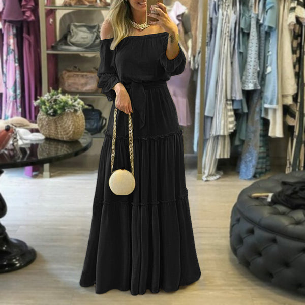 Summer lace-up ruffled bohemian sexy off-the-shoulder maxi dress for women