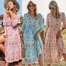 Load image into Gallery viewer, Women&#39;s V-neck high-waisted bohemian dress women&#39;s mid-length a-line dress