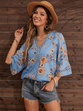 Load image into Gallery viewer, V-Neck Print Panel Lace Flare Sleeve Top Blouse