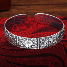 Load image into Gallery viewer, Vintage Thai silver auspicious eight treasures bracelet worn-out black Tibetan silver bracelet Miao silver jewelry handmade ethnic style woman
