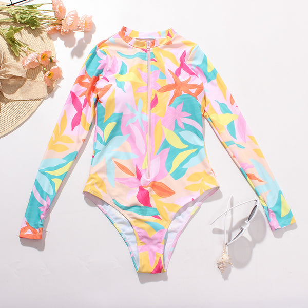 Triangle One Piece Print Zip Long Sleeve Swimsuit