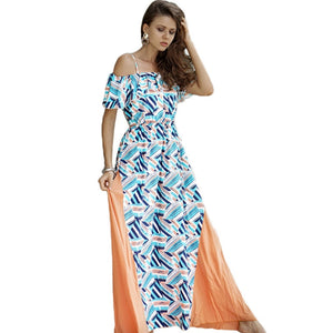 Off Shoulder Chiffon Split Long Style Women Beach Boho Dress Floral Print Maxi Robe Femme Fashion Ruffle Spaghetti Strap Dresses