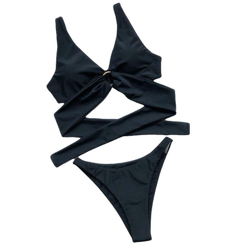 Women Solid Black Beach Swimwear Sexy Two Pieces Swimsuits