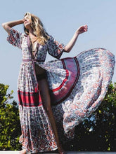 Load image into Gallery viewer, Boho Maxi Floral print V-neck Tassel Drawstring Dress