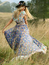 Load image into Gallery viewer, Blue Off-the-shoulder Bohemia Maxi Chiffon Floral Print Dress Beach Style Vacation Dress