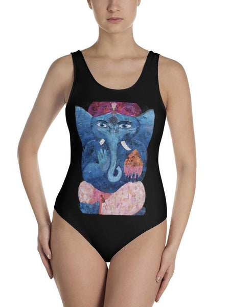Black Print Thai Elephant One-Piece Swimsuit