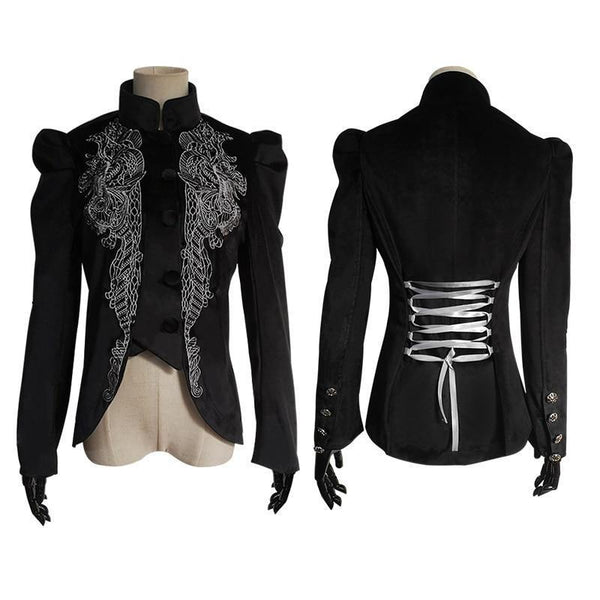 Women Gothic Vintage Overcoat Black Coat Zipper Outwear Plus Sizes Retro Bandage Lace Up Jacket