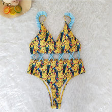 Load image into Gallery viewer, Waist Hollow Ruffled Strap Print Ins Style One Piece Swimsuit