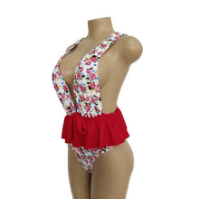 Load image into Gallery viewer, Ruffled Waist Print V-neck Bow Ins Style One Piece Swimsuit