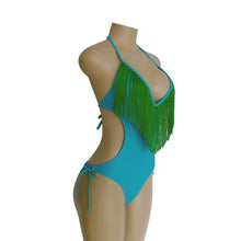 Load image into Gallery viewer, Deep V-neck Tassels Halterneck One-piece Swimwear