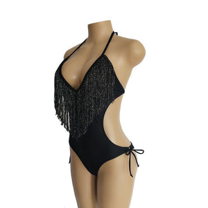 Deep V-neck Tassels Halterneck One-piece Swimwear