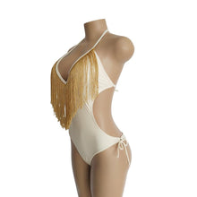 Load image into Gallery viewer, Deep V-neck Tassels Halterneck One-piece Swimwear