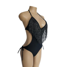 Load image into Gallery viewer, Deep V-neck Tassels Halterneck One-piece Swimwear