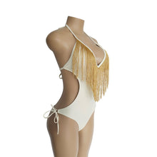 Load image into Gallery viewer, Deep V-neck Tassels Halterneck One-piece Swimwear