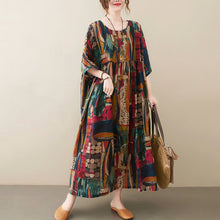 Load image into Gallery viewer, Short Sleeve Cotton Linen Vintage Print Summer Long Dresses For Women Casual Loose Holiday Ladies Dress Elegant Clothes