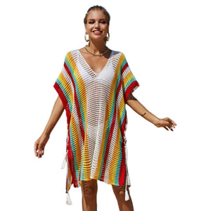 Split Side Short Sleeve Crochet-Knitted Beach-Swimwear Bikini-Cover Ups