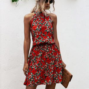 Summer Sexy Halter Lace Up Floral Sleeveless Print Mini Dress