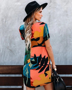 Summer Streetwear Elegant Dress New Short Sleeve Round Neck Irregular Graffiti Print Slim Thin Casual Short Dress