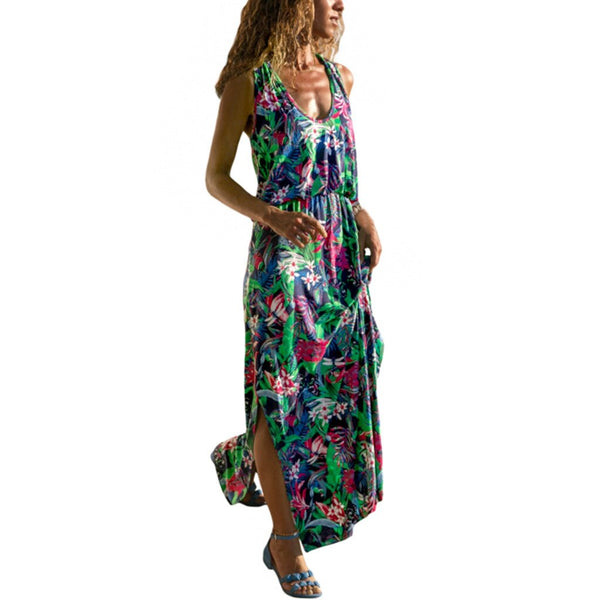 Summer Women Fashion Sexy Causal Elegant Sleeveless Floral Hollow-out Back Maxi Dress