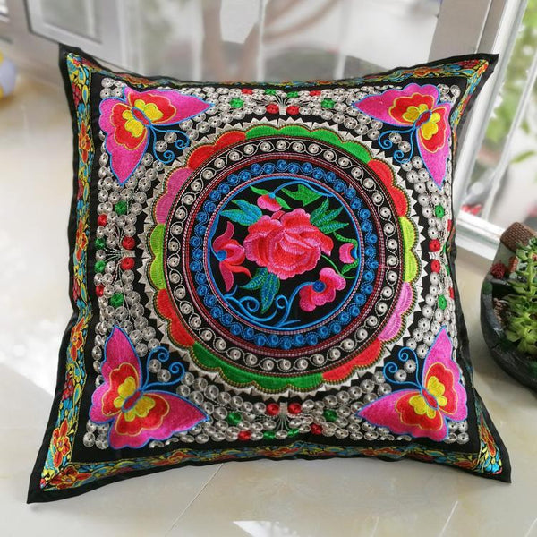 Ethnic Style Flower Embroidered Pillow Cover Cushion Cover