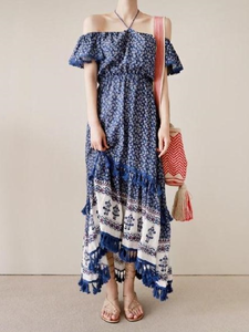 Bohemian Tassel Off The Shoulder Dress Floral Print Maxi Hippie Long Dress