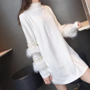 Pompom Fur Pearl Knit long Loose Autumn Pullover Sweater