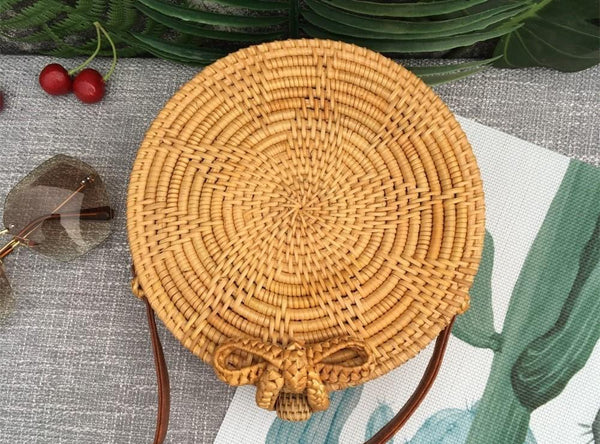 Handmade Rattan Woven Bag Round Retro Beach Handbag