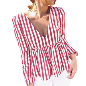 Tops Womens new arrived Casual Striped V-Neck Full sleeve  Shirt brief t-shirt