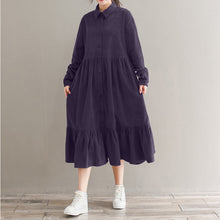 Load image into Gallery viewer, Vintage Corduroy Shirt  Dress Women Sundress  Spring Casual Long Sleeve Ruffle Vestidos Female Button Midi Robe