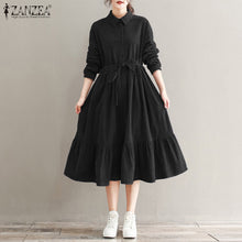 Load image into Gallery viewer, Vintage Corduroy Shirt  Dress Women Sundress  Spring Casual Long Sleeve Ruffle Vestidos Female Button Midi Robe