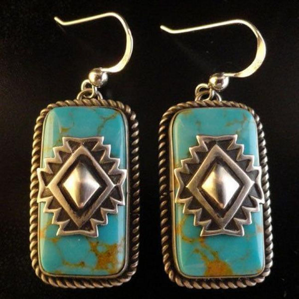 Vintage Ethnic Tibetan Shield Blue Stone Earring For Women Gift Boho Jewelry Geometry Drop Dangle Earring