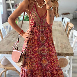 Woman's Boho Dress V-Neck Sleeveless Spaghetti Strap Long Dress