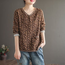 Load image into Gallery viewer, Vintage T Shirt Women Long sleeve Shirt Cotton Linen Stitch V neck Loose Tee Shirt Autumn Clothes Basic Tshirt Ladies Top Casual
