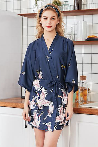 Silk Crane Pajama Girl Summer Mid Sleeve Bride Morning Robe Big Yard Home Robe Bathrobe color56