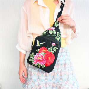 Women Chest Bag Tibetan Ethnic Style Hand Embroidery Pretty Flowers Casual Canvas Travel Shoulder Crossbody Bag