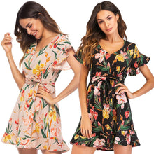 Load image into Gallery viewer, Women Floral Dress Bohemian Mini Ruffle Dress V Neck