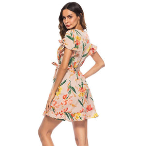 Women Floral Dress Bohemian Mini Ruffle Dress V Neck