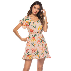 Women Floral Dress Bohemian Mini Ruffle Dress V Neck