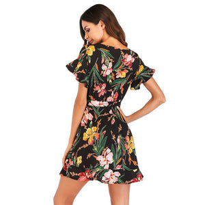 Women Floral Dress Bohemian Mini Ruffle Dress V Neck