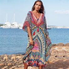 Load image into Gallery viewer, Women Retro Print Beach Cover Up Long Kaftan Dress Sun Protection Beachwear