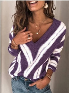 Women Sweaters Deep V Neck Vintage Striped Long Sleeve Knit Pullover Sweaters