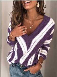 Women Sweaters Deep V Neck Vintage Striped Long Sleeve Knit Pullover Sweaters