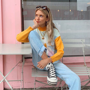 Young Gilrs Macaron Color Patchwork Sweater  Winter Sweet Flower Print Loose Pullover Street Cute Long-Sleeve Jumper Femme