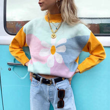 Load image into Gallery viewer, Young Gilrs Macaron Color Patchwork Sweater  Winter Sweet Flower Print Loose Pullover Street Cute Long-Sleeve Jumper Femme