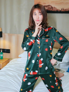Women's printed silk pajamas set long-sleeved trousers ice silk casual homewear.