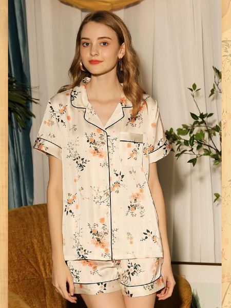 Real Silk Ice Silk Pajamas Women's Summer Printing Trend Short Sleeve Two Piece Cardigan Casual Home Clothes Issued In Thin Style