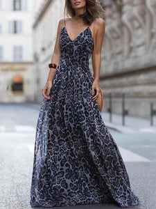 Sexy Leopard Print Spaghetti Strap Maxi Long Dress
