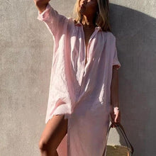 Load image into Gallery viewer, Solid color casual long sleeve midi cotton linen shirt dress