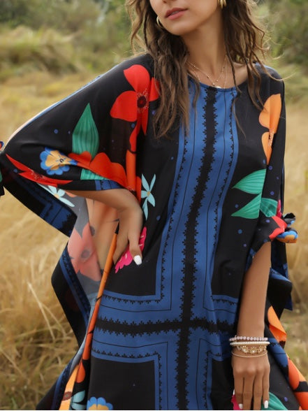 Fashion Fluffy Loose Dress Round Neck Bat Sleeve Women's Dress