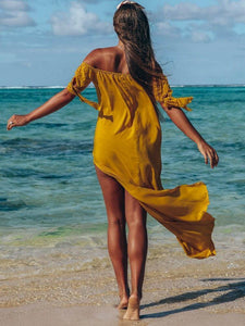 Sexy Off-The-Shoulder Solid Color Irregular Split Beach Dress